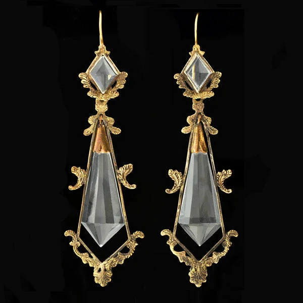 Hoop earrings with floral motifs for a feminine and nature-inspired look-Victorian Long 14kt Faceted Rock Crystal Earrings