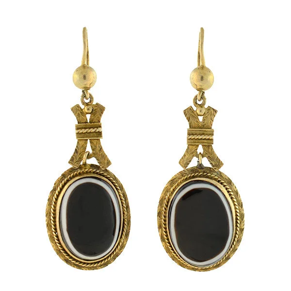 Hoop earrings with crescent moon shapes for a celestial and mystical appearance-Victorian 12kt Gold Banded Agate Earrings