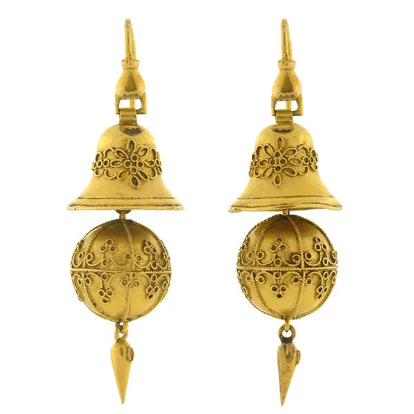 Best hoop earrings with matte finish for a sophisticated, understated design-Victorian 15kt Etruscan Ball & Bell Hanging Earrings