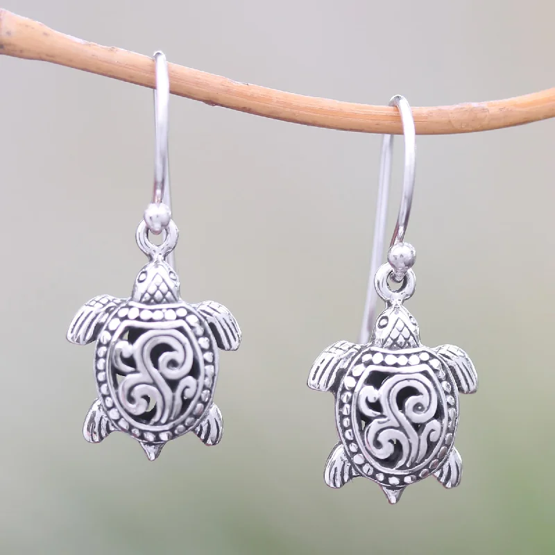 Best hoop earrings with smooth ceramic finishes for a polished, clean style-Ancient Turtle Sterling Silver Sea Turtle Dangle Earrings from Bali