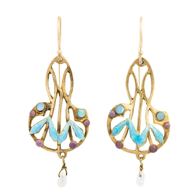 Best hoop earrings with marbled designs for a trendy and artistic effect-Art Nouveau Silver Gilt Opal and Pearl Enameled Dangle Earrings