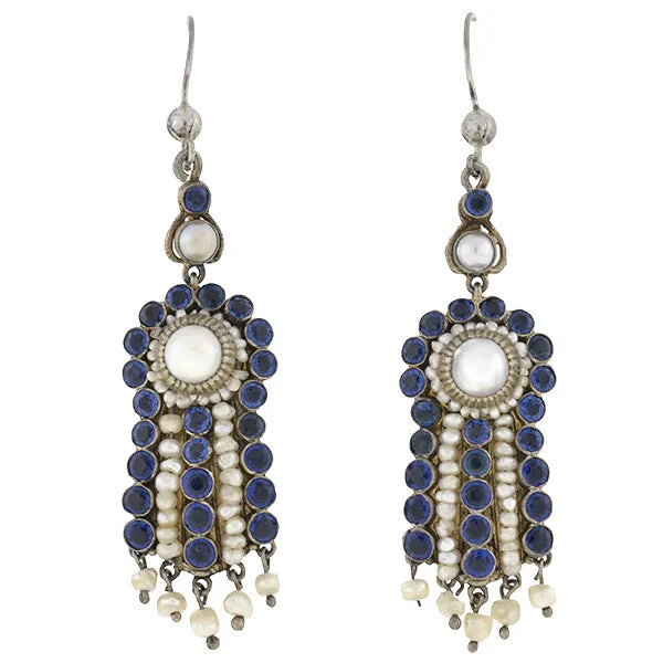 Best hoop earrings with cubic zirconia for a budget-friendly, dazzling look-Arts & Crafts Era Austro-Hungarian Sterling Pearl & Faux Sapphire Earrings