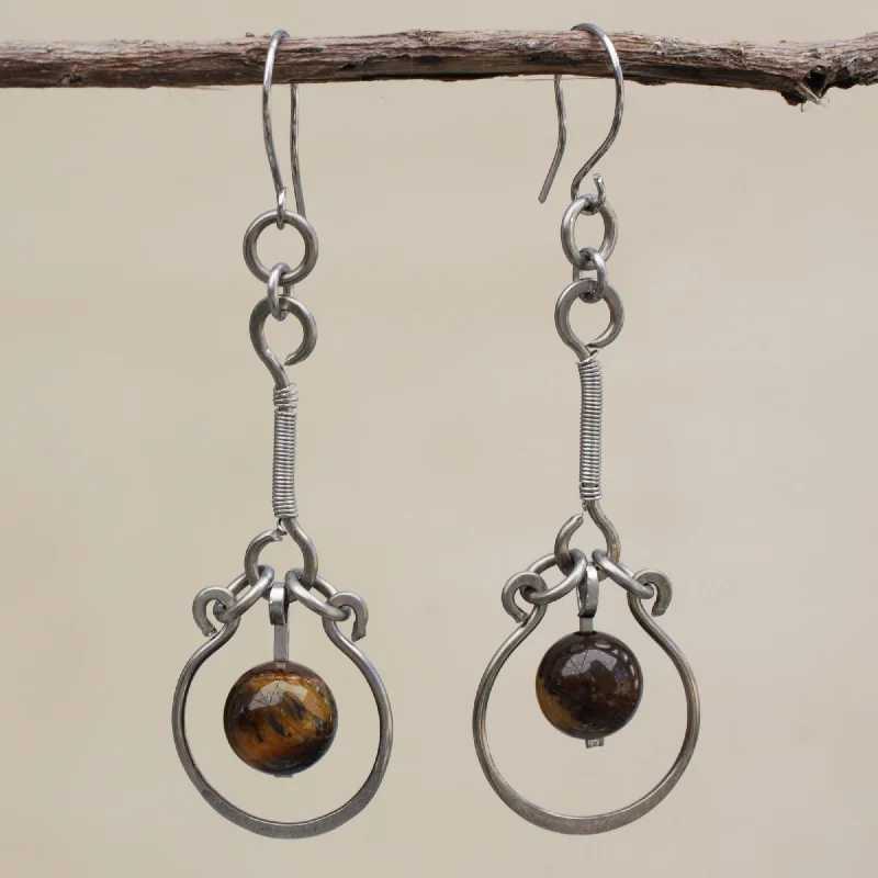 Hoop earrings with infinity loop designs for a continuous and eternal shape-Balanced Nature Tiger's Eye and Stainless Steel Dangle Earrings from Brazil