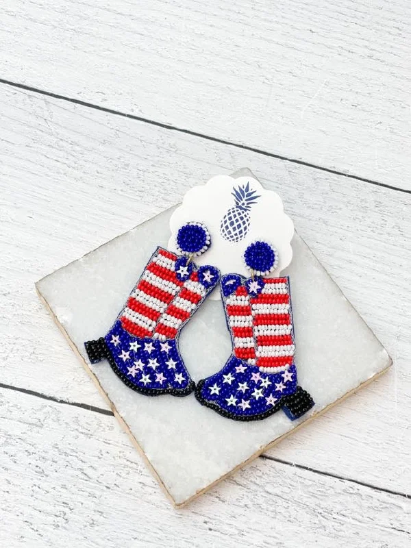 Hoop earrings with a chunky design for a bold and trendy statement-Beaded Rodeo Boot Dangles - Red, White, & Blue