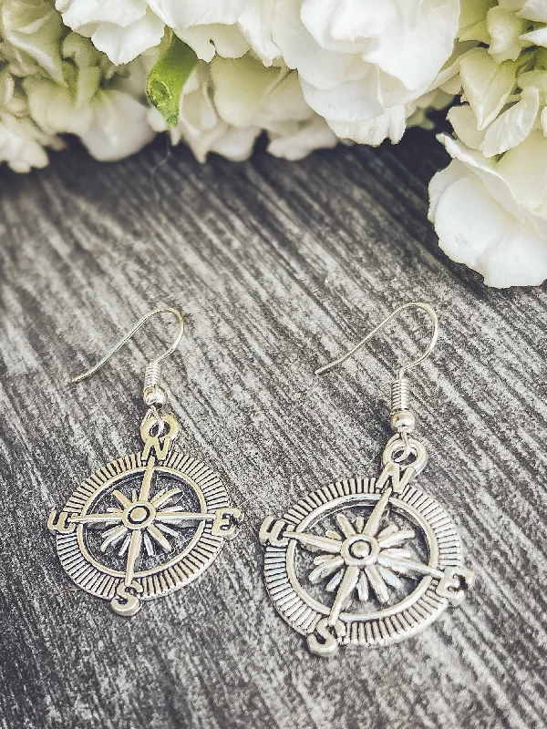 Hoop earrings with a matte black finish for a sleek, edgy vibe-Beautiful Antique Finish Compass Earrings in Gold or Silver