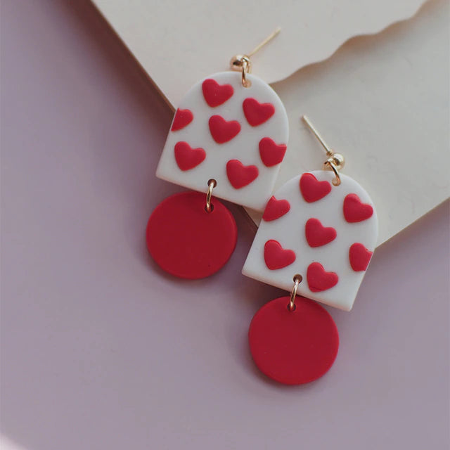 Hoop earrings with spiral designs for a dynamic and fluid look-Beautiful Red and White Clay Heart Earrings