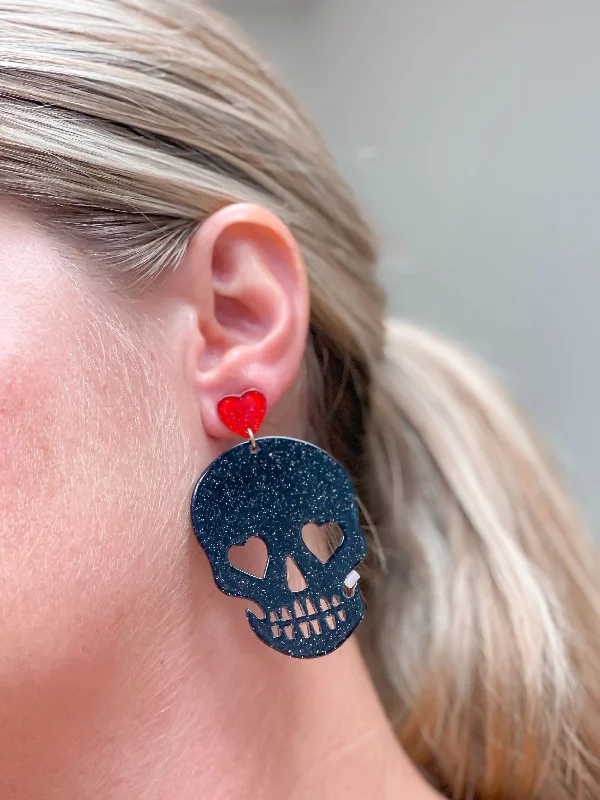 Best hoop earrings with stacked layers for a dimensional and bold look-Glitter Heart Skull Dangle Earrings