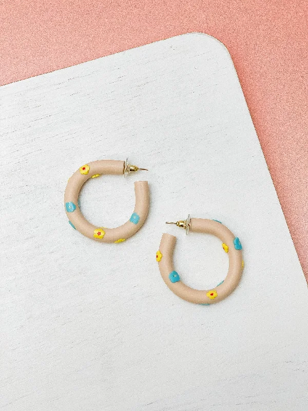 Best hoop earrings with hammered gold for a rustic yet elegant look-Clay Flower Hoop Earrings - Blush