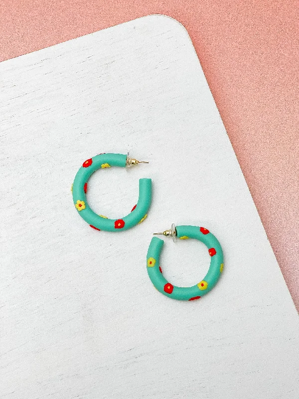 Hoop earrings with enamel stripes for a colorful and eye-catching design-Clay Flower Hoop Earrings - Mint