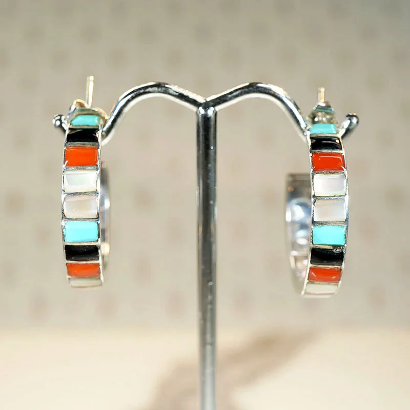 Hoop earrings with oversized pearl accents for a statement-making look-Colorful Inlay Sterling Silver Hoop Earrings