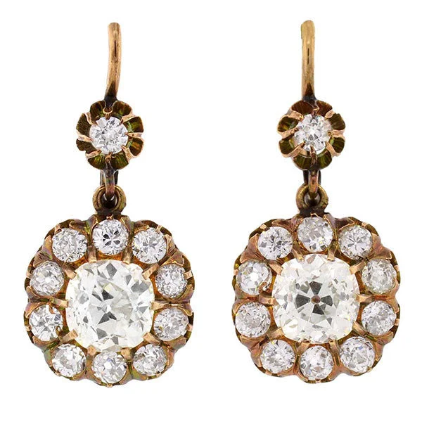 Best hoop earrings with custom designs for a personalized, unique accessory-Victorian 18kt Yellow Gold Diamond Cluster Earrings 3.40ctw