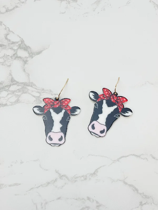 Hoop earrings with hammered textures for a boho-chic and rustic vibe-Country Cow Acrylic Dangle Earrings