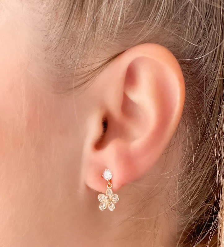 Hoop earrings with a matte finish for a sleek and sophisticated appearance-Dainty Cubic Zirconia Flower Dangle Earrings - Gold