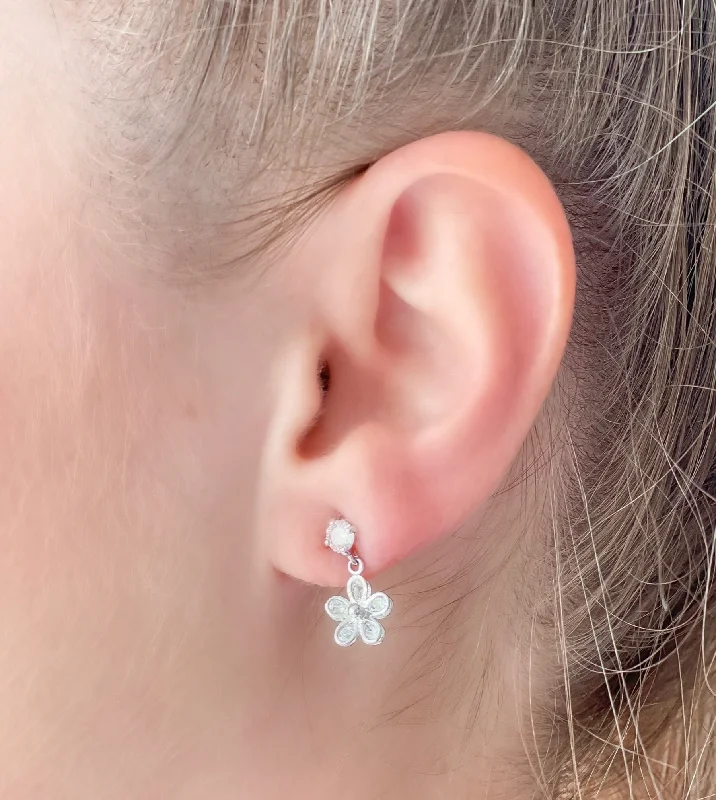 Hoop earrings with oversized designs for a bold, fashion-forward statement-Dainty Cubic Zirconia Flower Dangle Earrings - Silver