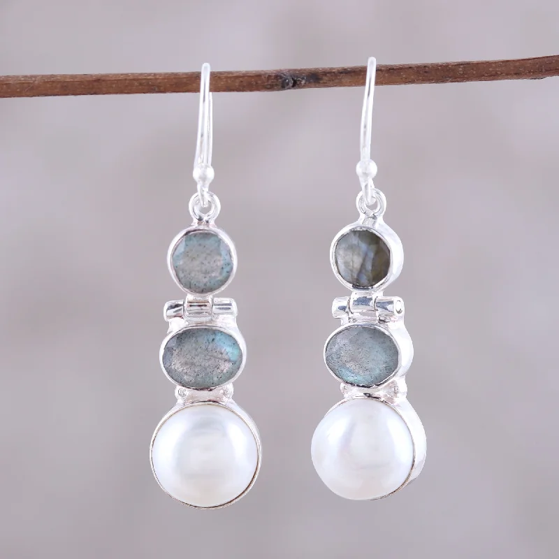 Hoop earrings with faceted crystals for added sparkle and shine-Dance in the Clouds Labradorite and Cultured Pearl Dangle Earrings from India