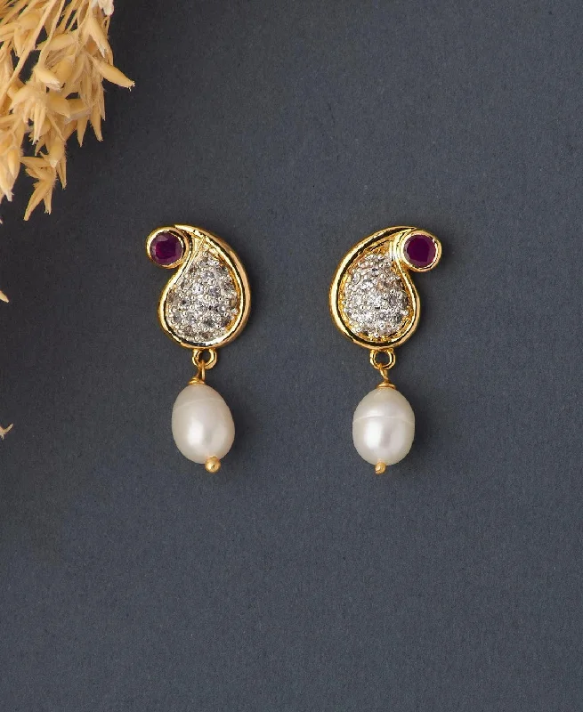 Classic hoop earrings with a thin profile for a sleek and subtle style-Delicate Stone Studded Pearl Hanging Earring