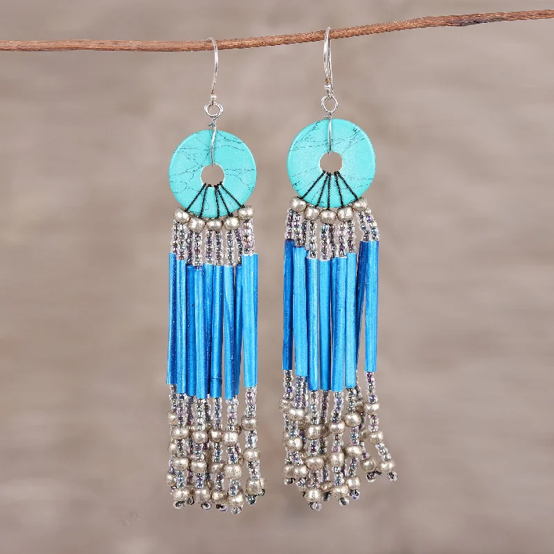 Lightweight hoop earrings for comfortable and all-day wear-Descending Blue Blue Disc and Recycled Paper Beaded Chandelier Earrings