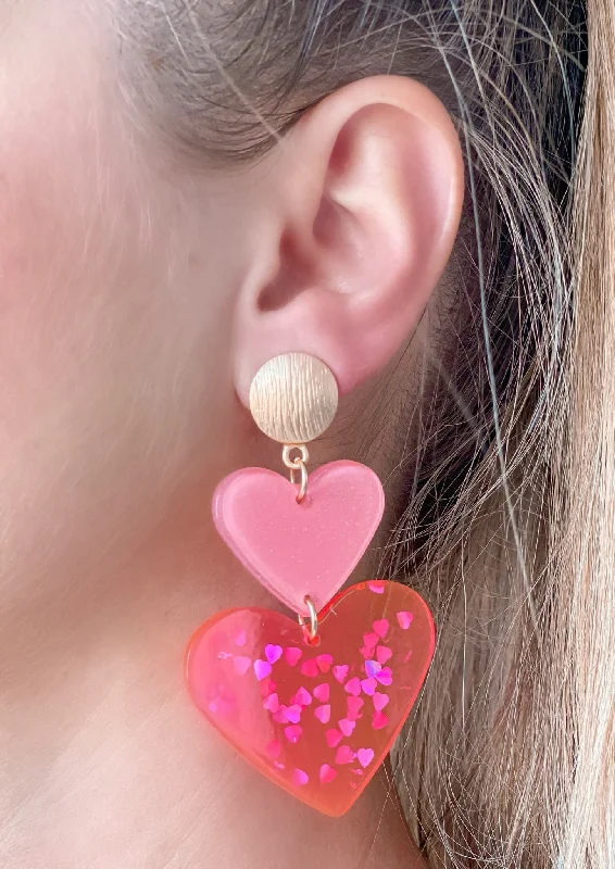 Best hoop earrings with rose gold for a romantic and warm aesthetic-Double Heart Confetti Heart Dangle Earrings - Neon Pink