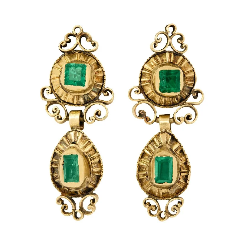 Best hoop earrings with custom engravings for a personalized and meaningful gift-Early Georgian Iberian 18kt Emerald Scrolling Dangle Earrings