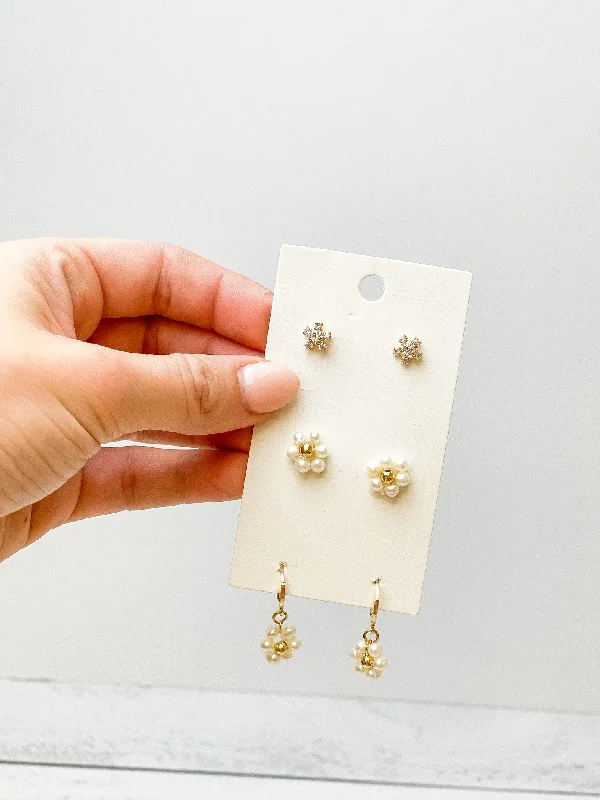 Hoop earrings with oversized pearl accents for a statement-making look-Flower Trio Earring Set