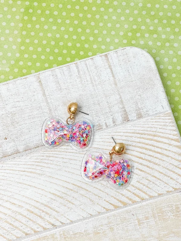 Best hoop earrings with geometric shapes for a modern and artistic appeal-Glitter Shaker Bow Dangle Earrings - Multi