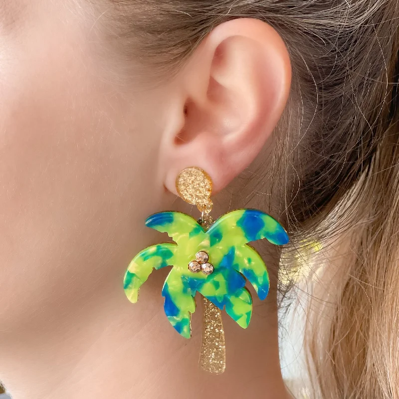 Hoop earrings with floral motifs for a feminine and nature-inspired look-Glitter Palm Tree Dangle Earrings