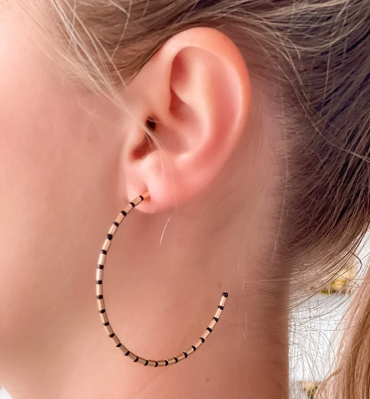 Best hoop earrings with matching bracelets for a coordinated jewelry set-Gold Beaded Skinny Hoop Earrings - Black