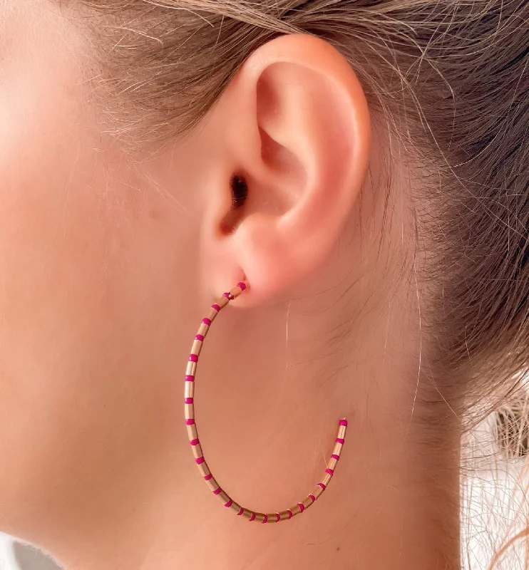 Hoop earrings with polished metal for a shiny and high-quality finish-Gold Beaded Skinny Hoop Earrings - Fuchsia