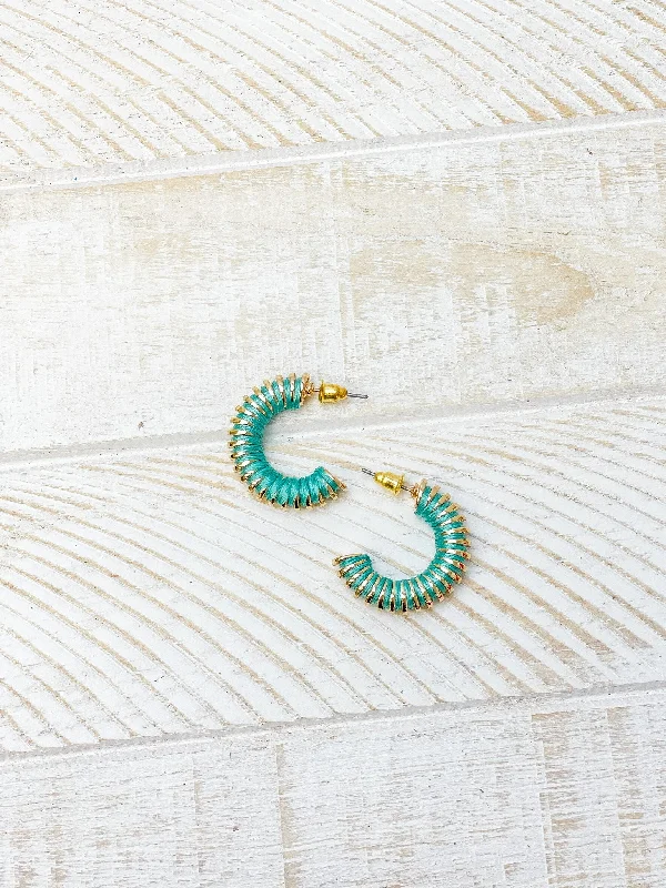 Hoop earrings with twisted metal designs for a dynamic and modern style-Gold Threaded Hoop Earrings - Aqua