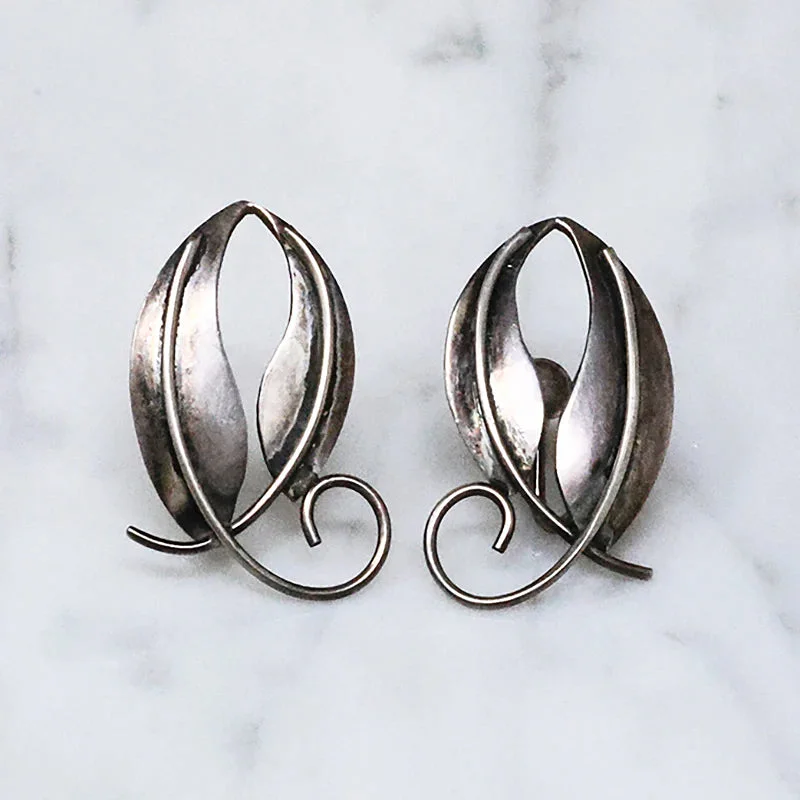 Hoop earrings with twisted leather for a chic and modern boho look-Handmade Sterling Leaf Earrings by W. Depp