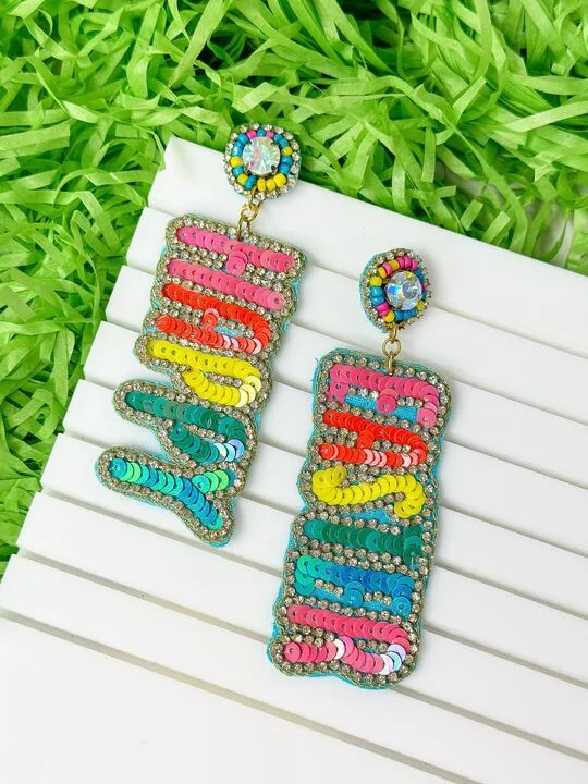 Best hoop earrings with geometric hexagon shapes for a modern, angular look-'Happy Easter' Sequin Dangle Earrings - Bright Multi