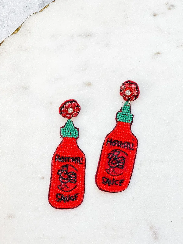 Hoop earrings with satin finishes for a smooth and elegant appearance-Hot Sauce Bottle Beaded Dangle Earrings