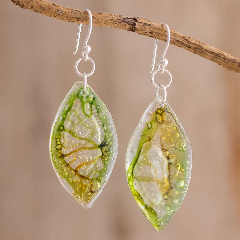 Hoop earrings with snake print designs for an edgy, wild appearance-Leafy Forest Green Recycled CD Dangle Earrings from Guatemala