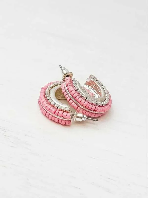 Best hoop earrings with twisted rope designs for a nautical-inspired style-Micaela Seed Bead Petite Hoop Earrings - Pink