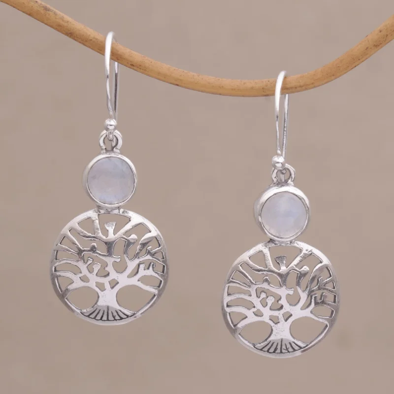 Hoop earrings with textured gold for a refined and sophisticated aesthetic-Misty Branches Rainbow Moonstone Tree Dangle Earrings from Bali