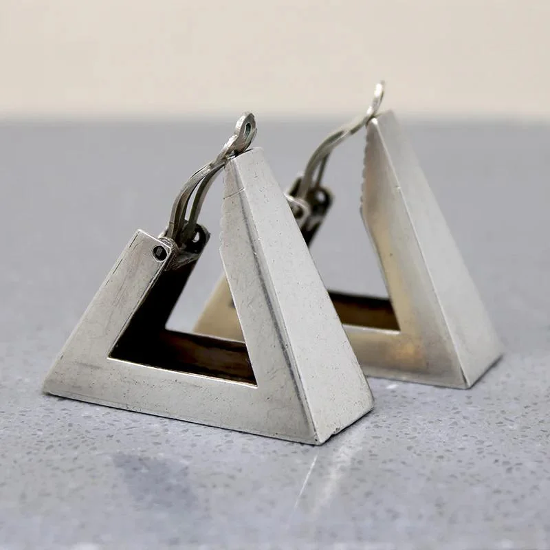 Hoop earrings with enamel stripes for a colorful and eye-catching design-Monumental Mid Century Triangle Hoops in Mexican Silver