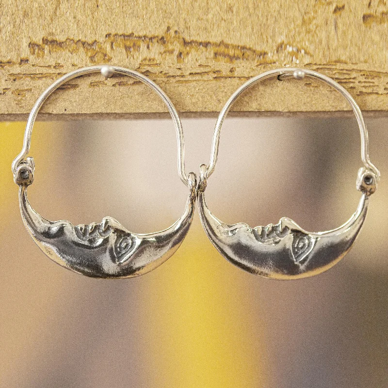 Large hoop earrings for a bold and statement-making fashion accessory-Moon at Rest Vintage Style Handcrafted Silver Crescent Moon Hoop Earrings