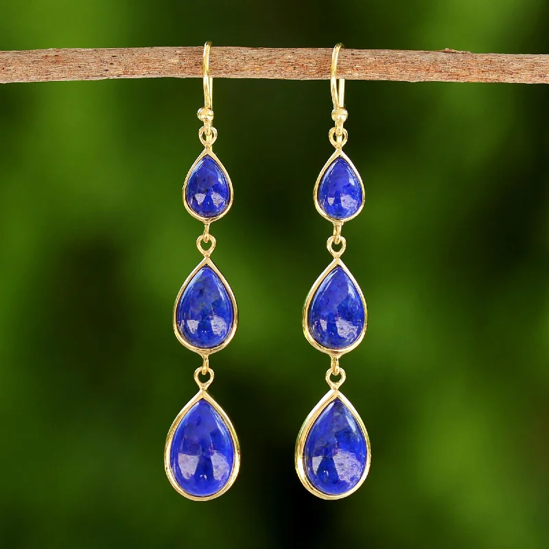 Best hoop earrings with rose gold for a romantic and warm aesthetic-Nectar Drops Gold Plated Thai Lapis Lazuli Teardrop Dangle Earrings