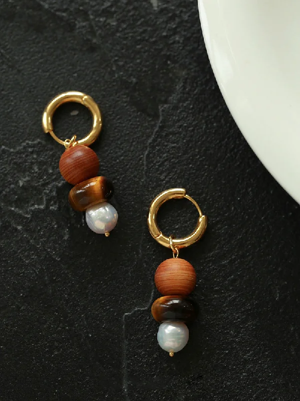 Best hoop earrings with vintage coins for a retro, antique-inspired style-Primeval Forest Nature's Wood Bead Pearl Drop Earring