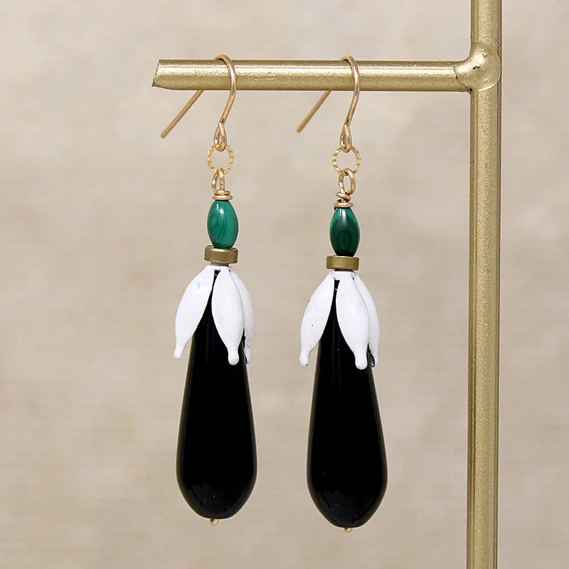 Hoop earrings with satin finishes for a smooth and elegant appearance-Onyx Drops in Enamel Bead Cap Earrings by Brin