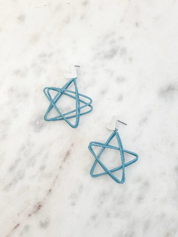 Hoop earrings with oversized pearl accents for a statement-making look-Open Star Matte Dangle Earrings - Blue