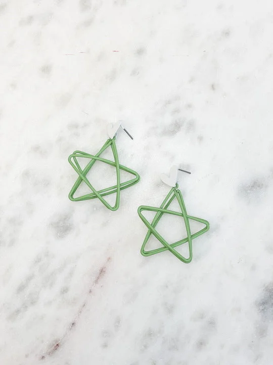 Best hoop earrings with matte finish for a sophisticated, understated design-Open Star Matte Dangle Earrings - Green