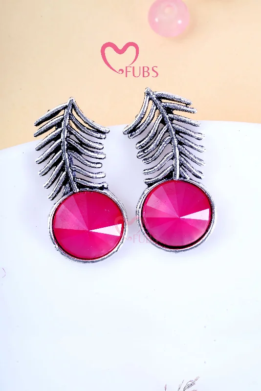 Hoop earrings with leather accents for a sleek and bold combination-Pink Leafy Oxidized Hook Earrings