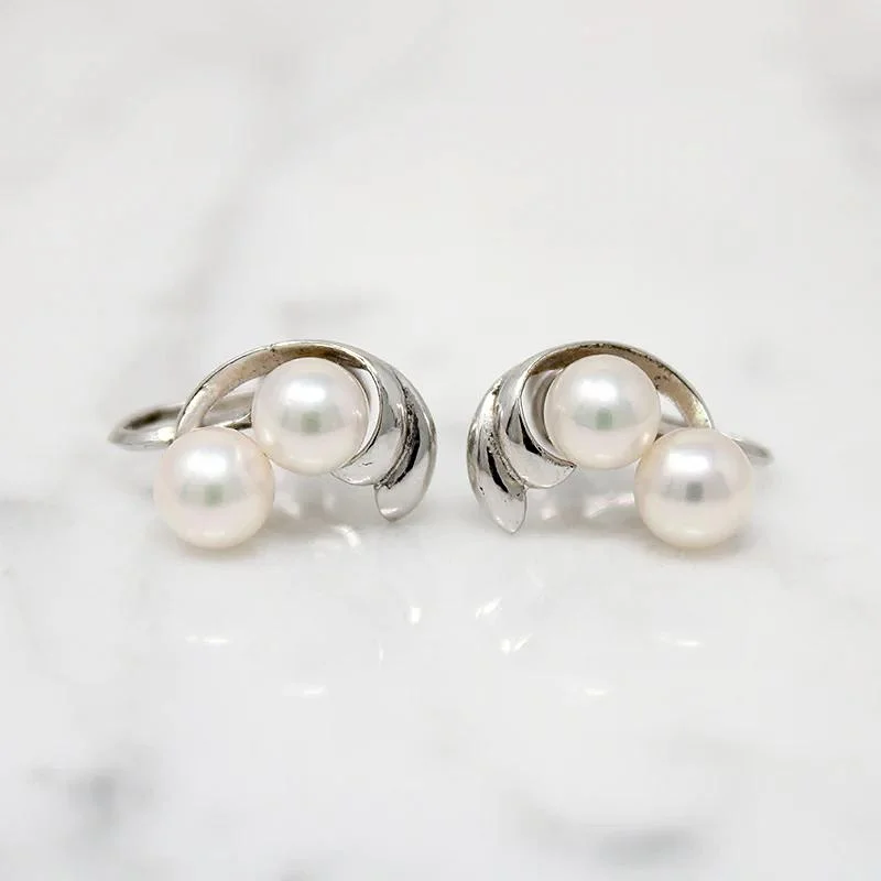 Best hoop earrings with minimalist designs for a clean and modern aesthetic-Pretty Mid Century Mikimoto Pearl & Sterling Earrings