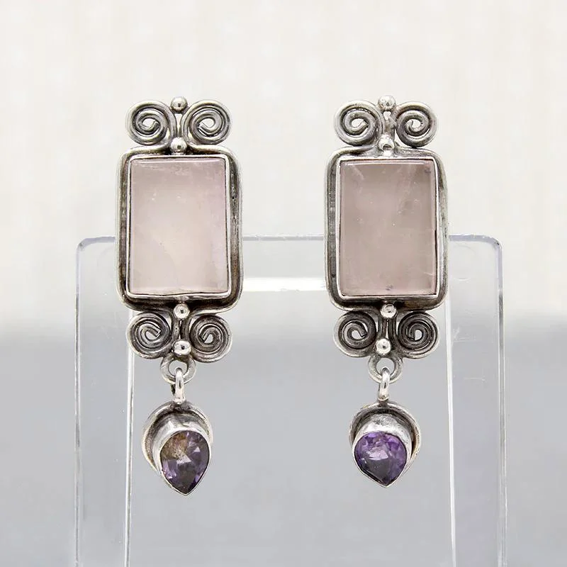 Best hoop earrings with gold for a luxurious and timeless look-Pretty Pastel Rose Quartz & Amethyst Silver Earrings