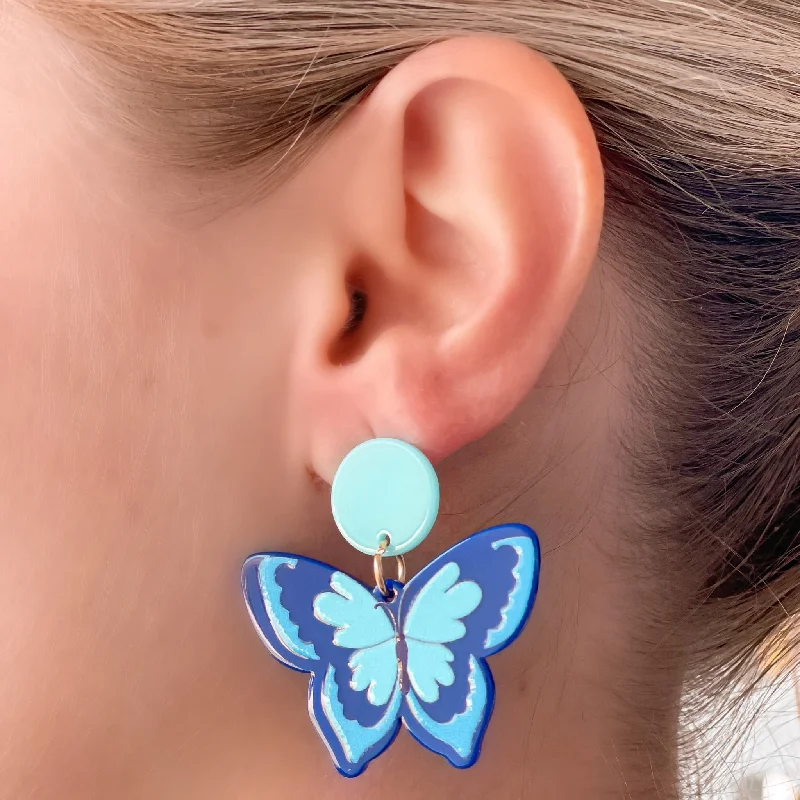 Best hoop earrings with custom engravings for a personalized and meaningful gift-Acrylic Butterfly Dangle Earrings - Blue