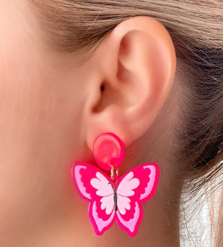 Hoop earrings with braided patterns for a detailed and textured finish-Acrylic Butterfly Dangle Earrings - Pink