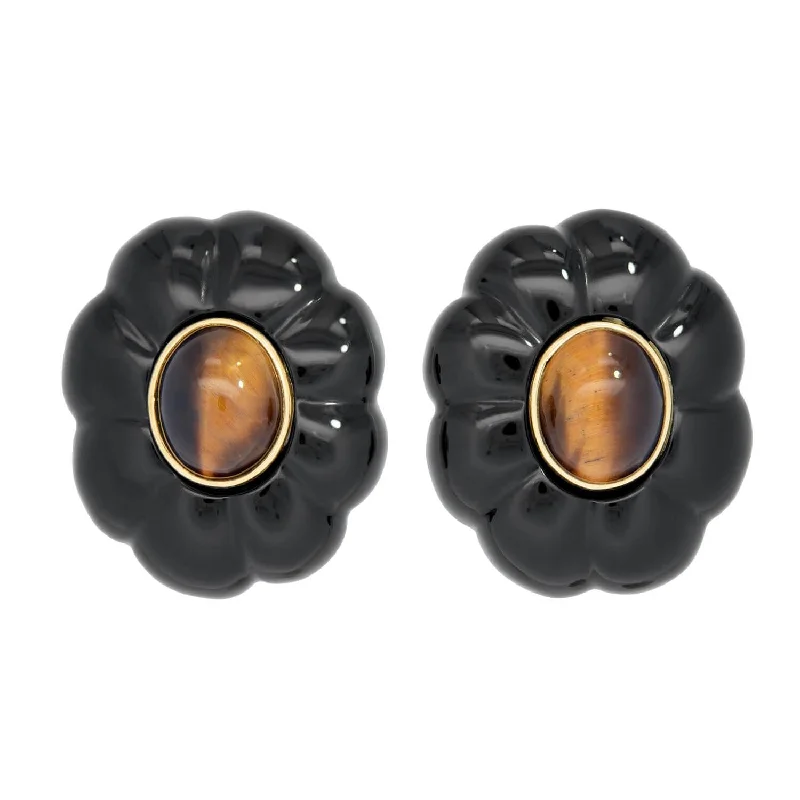 Best hoop earrings with multi-colored gemstones for a vibrant and lively touch-Retro 14k Onyx and Tiger's Eye Flower Earrings