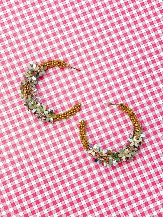 Best hoop earrings with detachable studs for a versatile and adjustable accessory-Seed Bead Flower Hoop Earrings - Gold