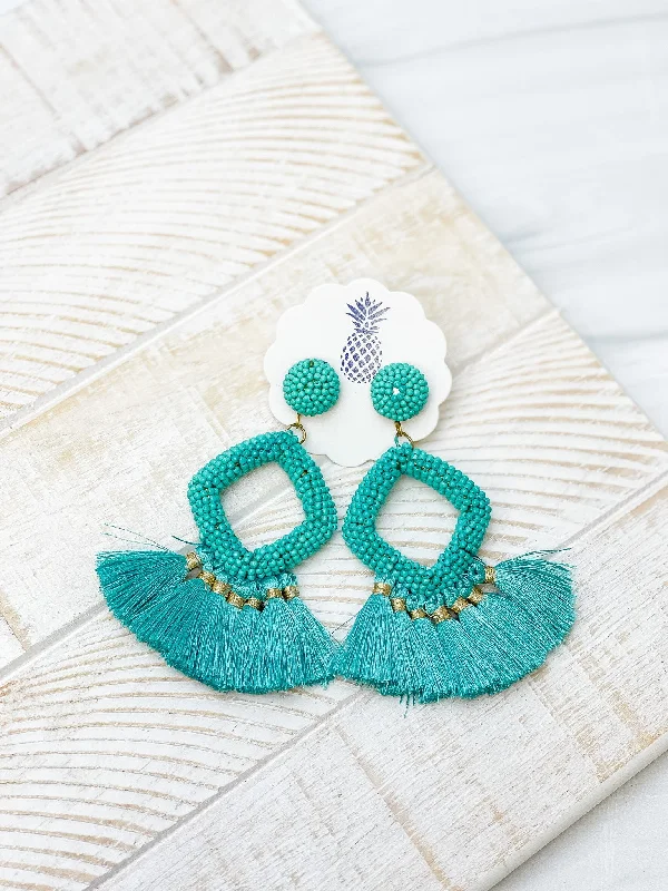 Hoop earrings with dangling charms for a playful and fun look-Seed Bead Fringe Dangle Earrings - Turquoise